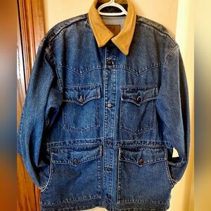 Vintage Schaefer Outfitters Denim Field /Barn Jacket Sz M w/Tan Leather Collar